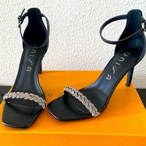 Women’s black and rhinestone heel shoes, size 6, new with box